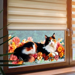 Dettaglio dell'adesivo statico per finestre con gatto calico e fiori colorati