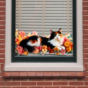 Adesivo statico per finestre con gatto calico e fiori colorati per decorazione casa
