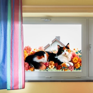 Dettaglio di adesivo statico per finestre con gatto calico tra fiori variopinti