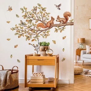 Watercolour squirrel and bird wall decals on tree branch for nature home decor