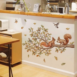 Squirrel and birds on tree branches wall decal stickers for living room decor