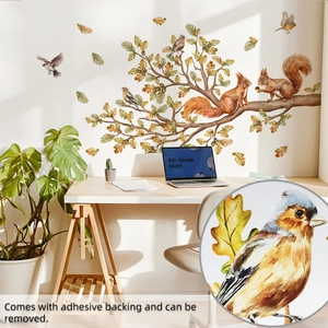 Detail of watercolor squirrel and bird wall decals with adhesive texture close-up