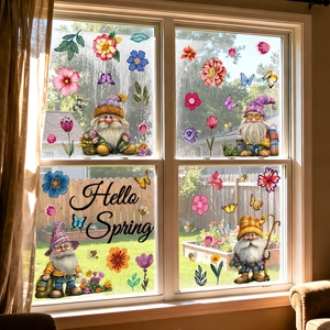 Spring Gnomes Window Clings Flower Butterfly Bee Static Cling Decals Double Sided Hello Spring Window Stickers For Glass Windows Home Decor