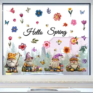 Spring gnomes floral window decals with butterfly and hello spring text for home glass decor