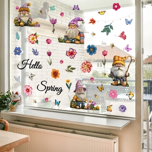 Detail of Hello Spring window stickers featuring garden gnomes and floral patterns