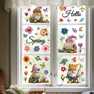 Spring gnome window clings with colorful flowers and butterflies on glass window