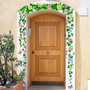 Pegatinas de pared florales con hiedra verde y rosas coloridas para marcos de puertas