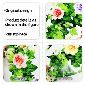Detail showing the transparent self-adhesive floral wall sticker with roses and ivy leaves