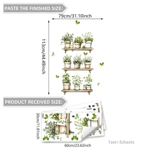 Detail view of 3D potted plants wall stickers showing layout and finished dimensions