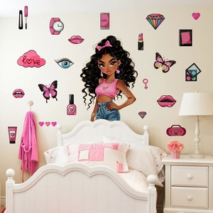 Αυτοκόλλητα τοίχου μαύρο κορίτσι barbie με ροζ αξεσουάρ για διακόσμηση δωματίου
