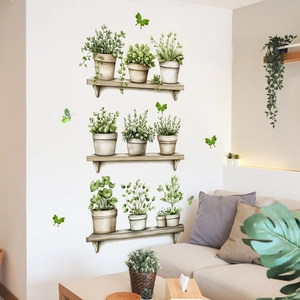 Creative 3D wall stickers featuring hanging green plants and decorative butterflies