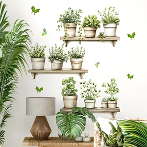 Detailed wall sticker showing creative green potted plants and flying butterflies