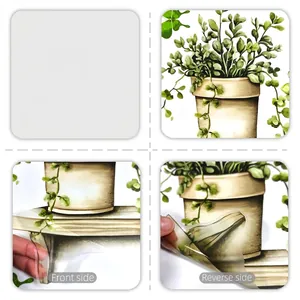 Close-up of transparent watercolor potted plant stickers with PET material texture