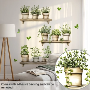 Detail of self-adhesive green potted plant wall stickers with 3D butterfly accents