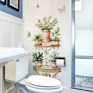 Watercolor plant shelf wall sticker with potted greenery and butterflies for home decor