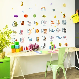 Alphabet wall stickers with animals and weather elements for kids' bedroom decoration
