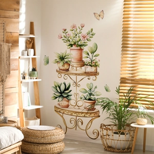 3D watercolor potted plant wall decals with butterfly shelf stickers for home living room