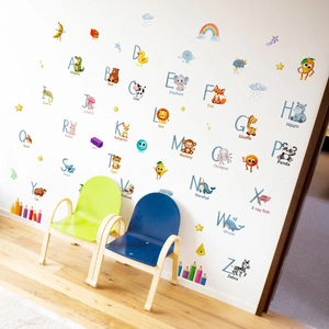 Colorful A-Z animal alphabet wall stickers with geometric shapes for kids bedroom decor