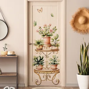 Creative watercolor potted plants and butterflies wall sticker for home door decoration