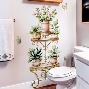 Self-adhesive wall sticker featuring vintage plant shelf with flowers and butterflies