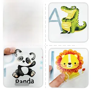 Detail of transparent animal alphabet wall stickers featuring cartoon panda and lion