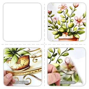 Detail of semi-transparent watercolor flower pot stickers showing front and back views