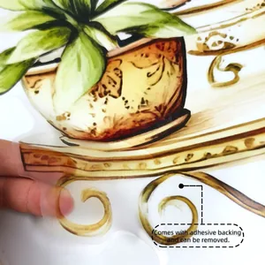Close-up of watercolor potted plant wall sticker being peeled off from its adhesive backing