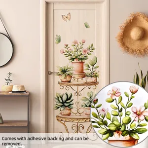 Detail of watercolor floral potted plant and butterfly wall stickers on wooden door