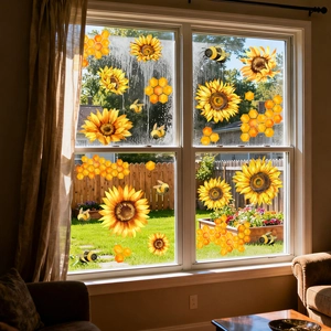 Vinilo Estático para Ventanas Girasol Abeja Panal PVC Pegatinas de Vidrio Removibles Estilo Jardín Pastoral Decoración Hogar Cocina