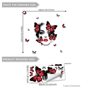 Sticker mural créatif visage de femme et papillons rouges pour décoration de chambre