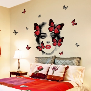 Sticker mural créatif portrait de fille et papillons rouges pour chambre déco