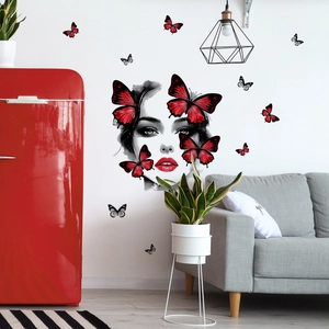 Sticker mural artistique avec visage de femme et papillons rouges pour décor de salon
