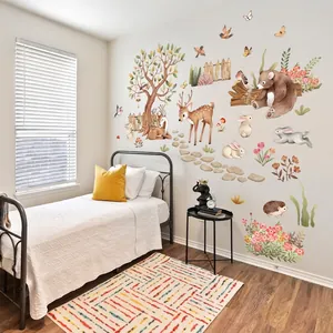 Forest animals and trees wall stickers in watercolor style for nursery room decor