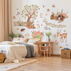 Cartoon forest animals wall decal with bear deer and trees for kids bedroom decoration