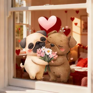 Fensteraufkleber zum Valentinstag mit Mops-Motiv, Blumenstrauß und großem rosa Herz