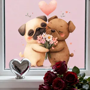 Romantischer Fensteraufkleber mit zwei Mops-Hunden und rosa Herzen auf Glasscheibe