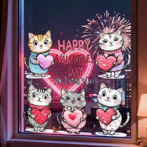 Valentinstag Statische Fensteraufkleber PVC Gnom Herz Katze Rose Muster Abnehmbare Glasaufkleber Für Haus Party Dekor