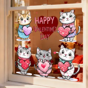 Detail von Valentinstag-Fensteraufklebern mit Cartoon-Katzen und festlichem Schriftzug