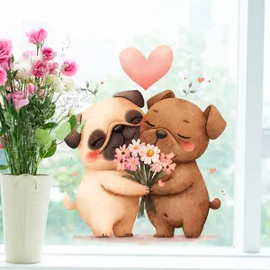 Detailansicht der handgezeichneten Mops-Fensteraufkleber mit Blumen und Herzmotiven