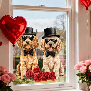 Detail von Valentinstag-Fensteraufkleber mit goldenen Hunden und roten Rosen auf Glas