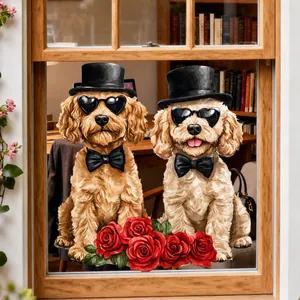 Detail von Cartoon-Pudeln mit roten Rosen als statischer Fensteraufkleber auf Glas