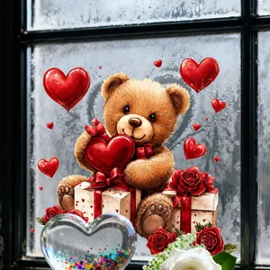 Detail von Valentinstag-Fensteraufklebern mit Plüschbären, Herzen und roten Rosen