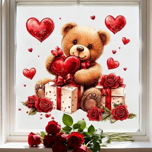 Valentine's Day Window Static Clings Cartoon Teddy Bear Owl Cupid Heart PVC Glass Decals For Holiday Home Store Decor