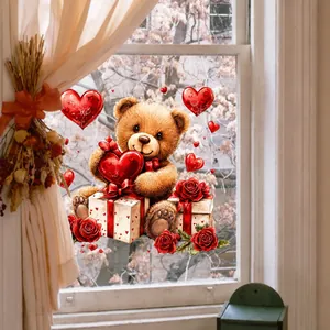 Detail eines Valentinstag-Fensterstickers mit Teddybär, Rosen und roten Herzen