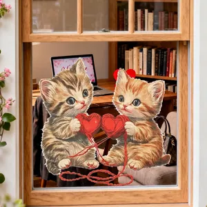 Valentinstag Fensterbilder mit süßen Katzen und roten Herzen auf Glasscheibe