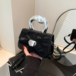Trendy Women Crinkled Texture PU Leather Small Square Bag With Irregular Liquid Metal Handle Niche Designer Crossbody Handbag