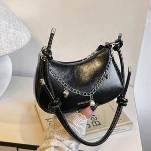 Women Glossy PU Leather Hobo Bag Metallic Underarm Shoulder Purse With Artificial Pearl Heart Star Charms Knotted Strap Chic