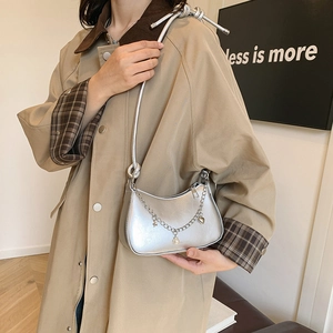 Chic silver matte underarm bag with pearl charms and metal chain for women