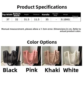 Detailed size chart and dimensions for the heart quilted padded tote bag in four colors