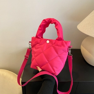 Women Fashion Quilted Bucket Shoulder Bag Rhomboid Pattern Cotton Casual Crossbody Handbag With Double Straps